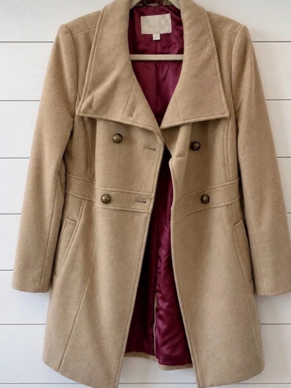 Old Navy Beige Double-Breasted Pea Coat with Burgundy Lining